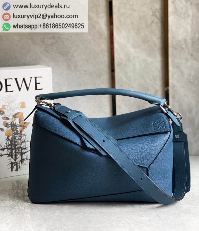 LOEWE The most litchi pattern blue leather Puzzle bag geometric bag 0532 Large 36.5CM