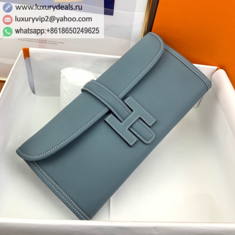 Hermes Jige 29 swift linen blue beeswax thread hand-stitched clutch