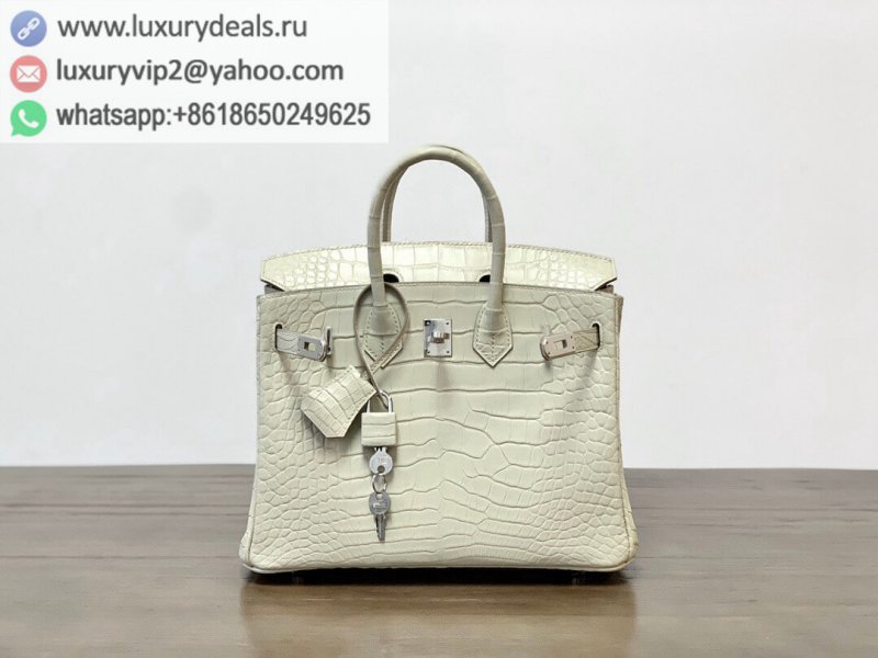 Hermes Birkin 25 Cream Silver Buckle Alligator Handmade BK25