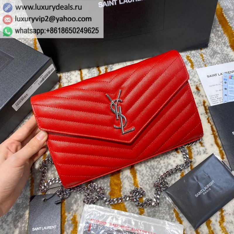 Saint Laurent YSL Monogram Woc Envelope Chain Pouch 377828 Red Silver Buckle