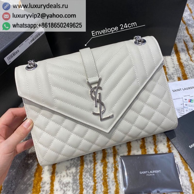 Saint Laurent YSL Envelope 24 Bag 487206 White Caviar Silver Buckle