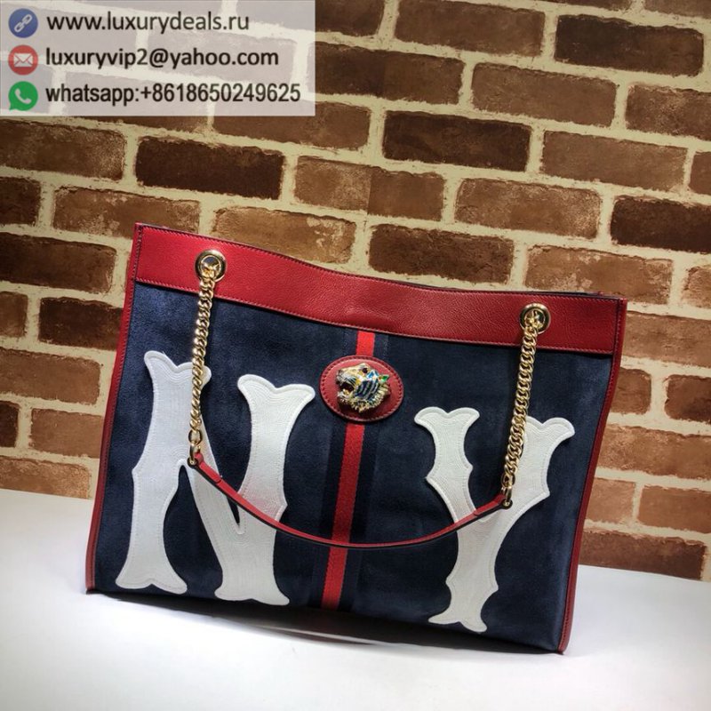 Gucci dark blue nubuck leather with red leather Large tote bag 537219