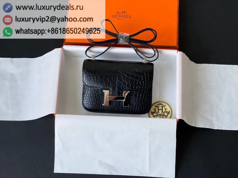 Hermes Constance 14 American Crocodile Kang Kang Bag Black Silver Buckle