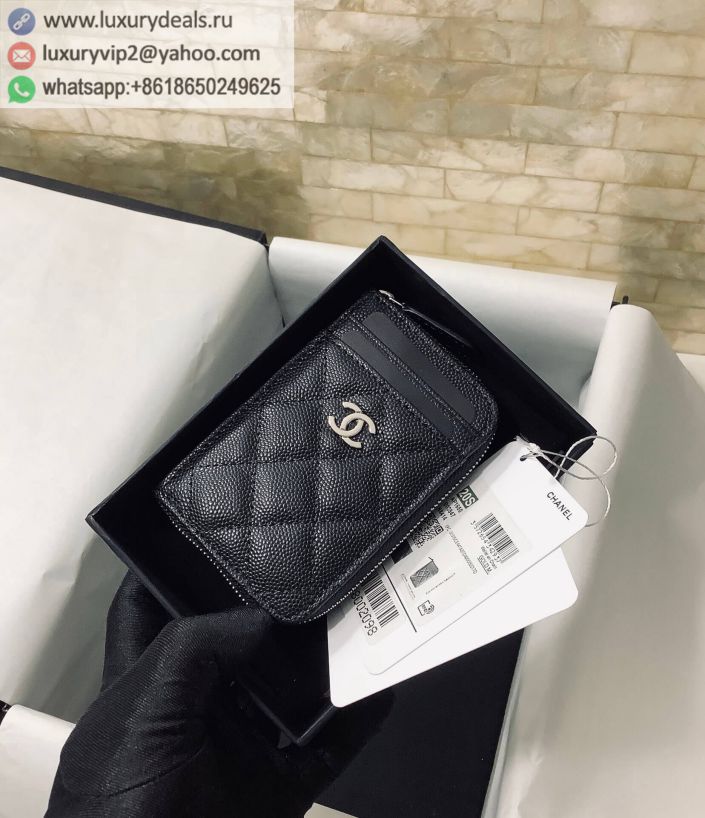 CHANEL 2020 Zip Card Holder AP1650 Black / Silver Buckle