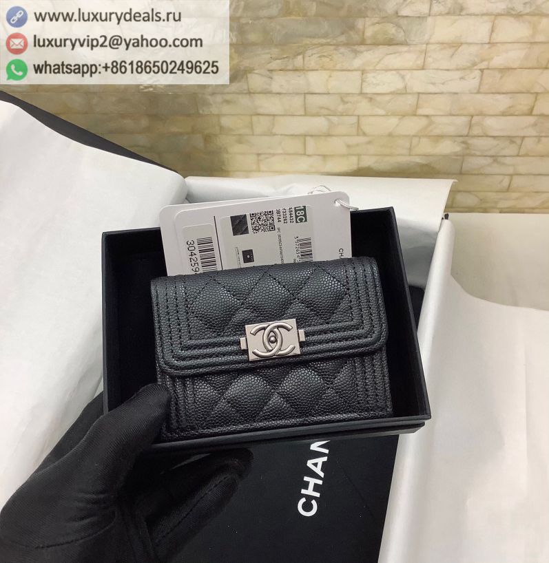 CHANEL Mini Boy Tri-fold Wallets A84432 Black / Silver Buckle