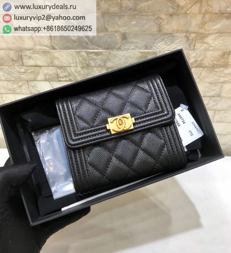 CHANEL Tri-fold Wallets A80734 Black Gold Buckle