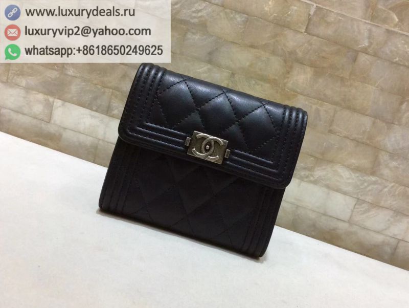 CHANEL Tri-fold Wallets A80734 Black Silver Buckle