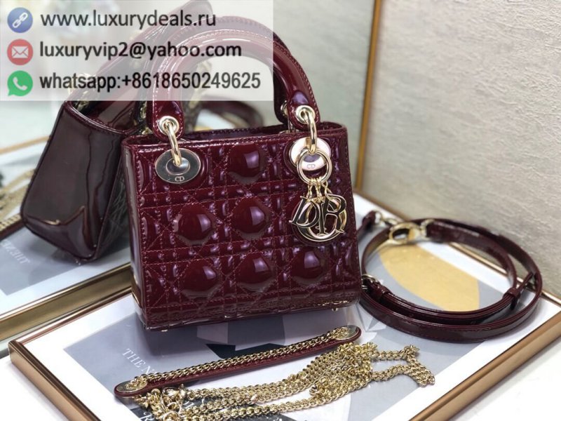 Lady DIOR Mini 17cm 3 Grid Patent M0505 Wine Red