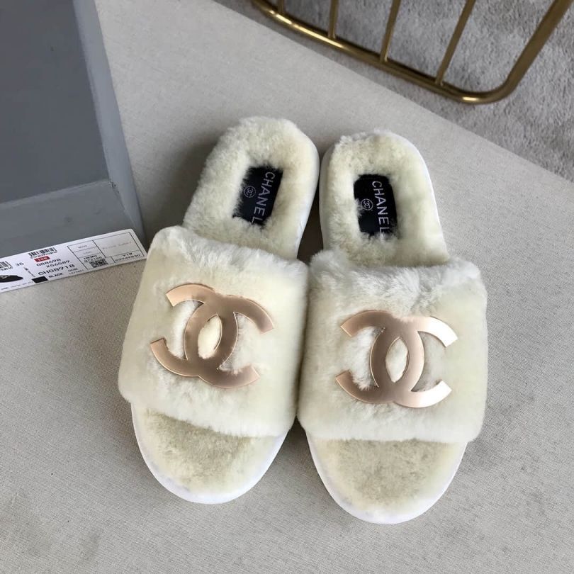 CC 2018 Fur Leather Slippers Women Shoes