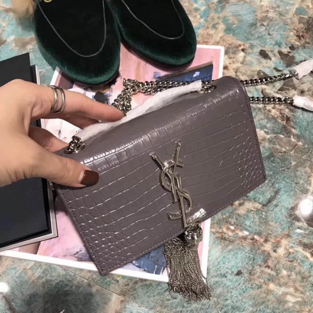 YSL 17cm Crocodile Pattern Bag on Chain 354120 Grey Shoulder Bags