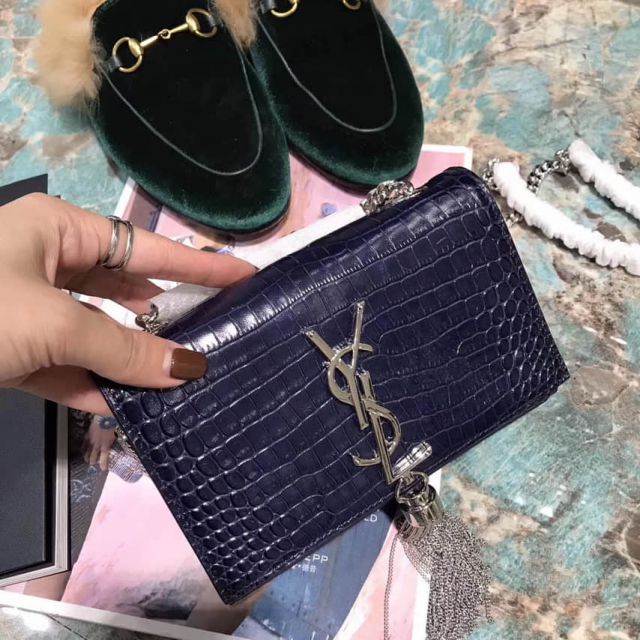 YSL 17cm Crocodile Pattern Bag on Chain 354120 Blue Shoulder Bags