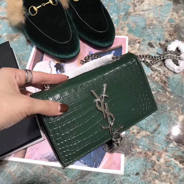 YSL 17cm Crocodile Pattern Bag on Chain 354120 Green Shoulder Bags