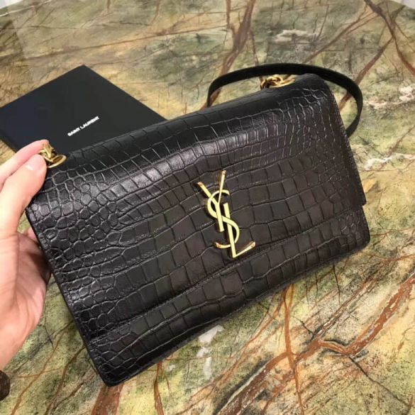 YSL SUNSET Medium Crocodile Pattern Black Leather 515823 Shoulder Bags