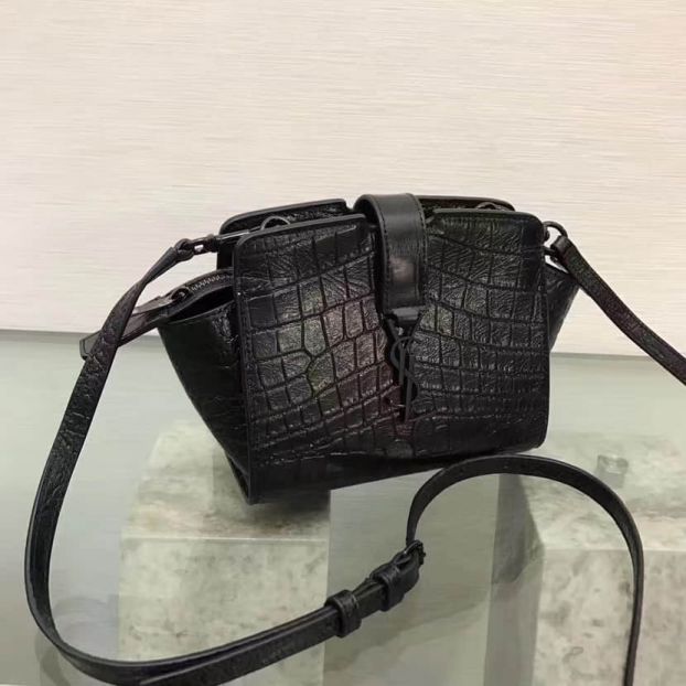 YSL Black Crocodile Embossing Leather TOYYSL CABAS Crossbody Shoulder Bags