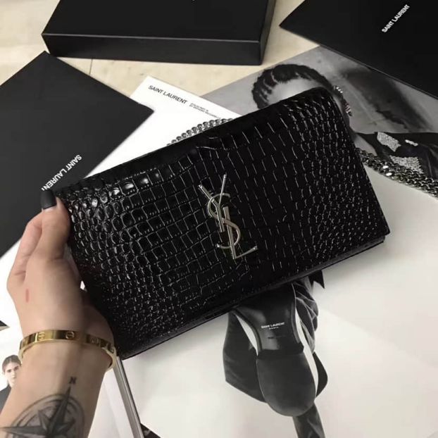 YSL Black Leather Crocodile Pattern Bag on Chain 442015E Shoulder Bags