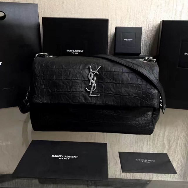 YSL Medium WEST HOLLYWOOD MONOGRAM Black Crocodile Embossing 438176 Shoulder Bags