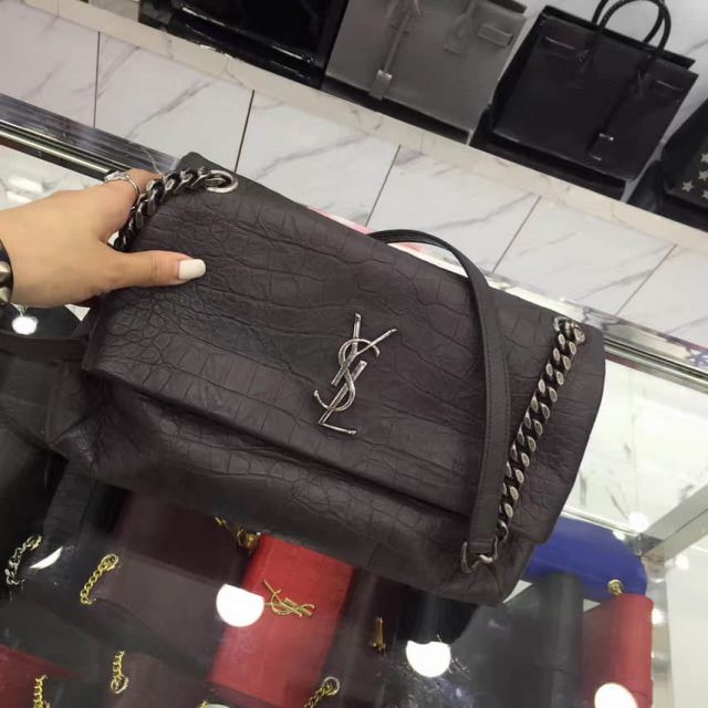 YSL Medium WEST HOLLYWOOD MONOGRAM Grey Black Crocodile Embossing 438176 Shoulder Bags