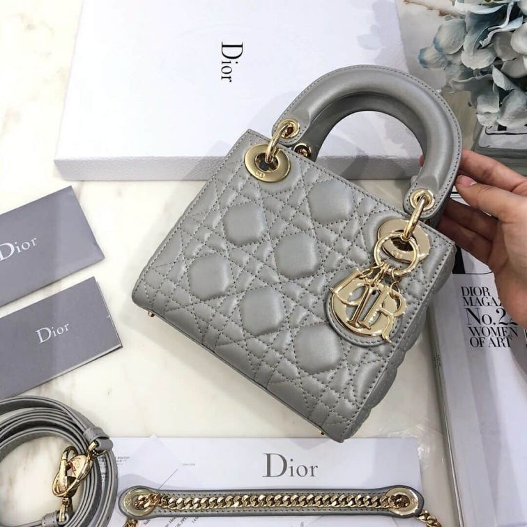 CD MINI LADY CLASSIC PEARL GREY 3# LADY BAGS 17CM GOLD