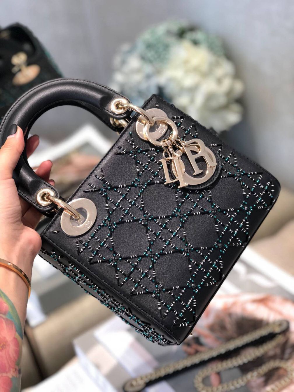 CD LADY MINI LIMITED EDITION BLACK GREEN CRYSTAL LEATHER BEADING LADY BAGS