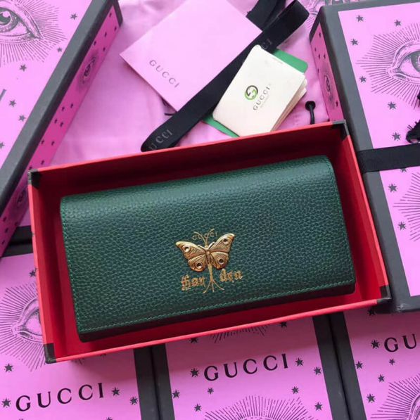 GG Garden Butterfly Flap 516926 Green Black Women Wallets