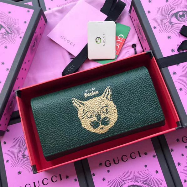 GG Garden Cat Wash Gold Flap 521556 Green Black Women Wallets