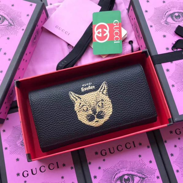 GG Garden Cat Wash Gold Flap 521556 Black Women Wallets