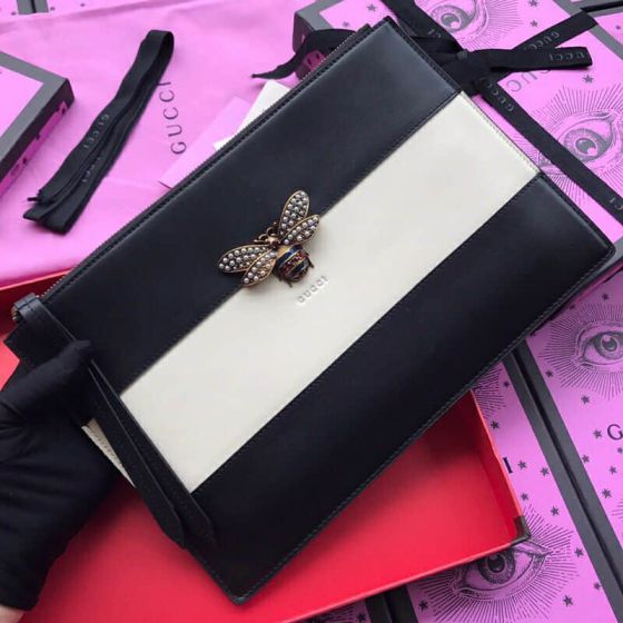 GG Bee 476077 Black Match Leather Women Clutch Bags