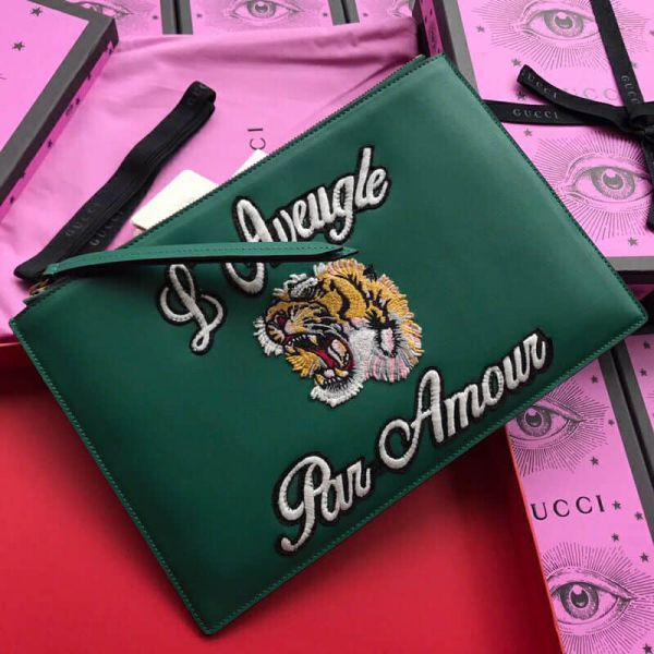 GG Green Leather Tiger Embroidery 431416 Men Clutch Bags