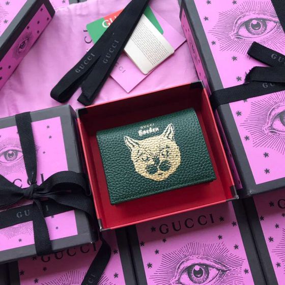 GG 516938 Green Black Cat Head Leather Women Card Holder