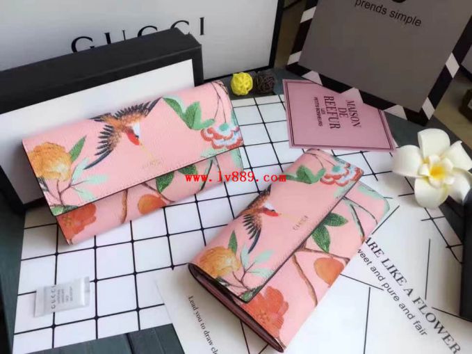 GG 424892 PVC Leather Birds Long Bi-fold Women Wallets