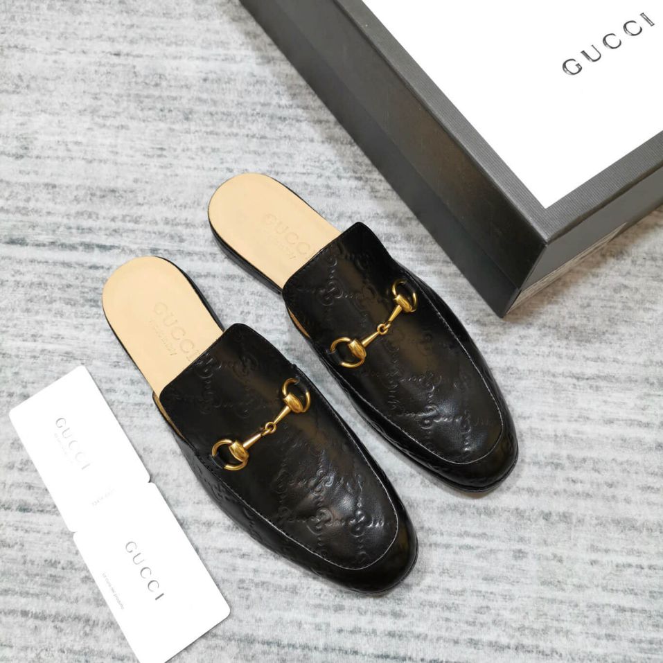 GG Leather Embroidery Bee Men Slippers