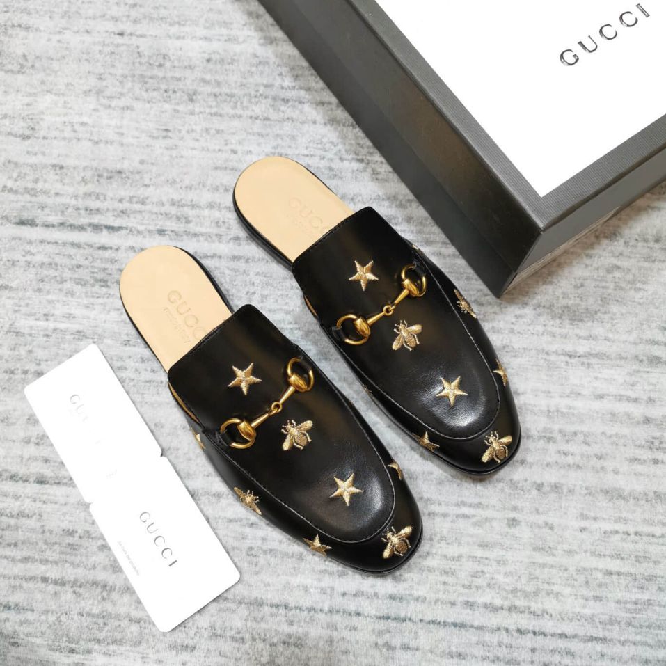 GG Leather Embroidery Bee Men Slippers