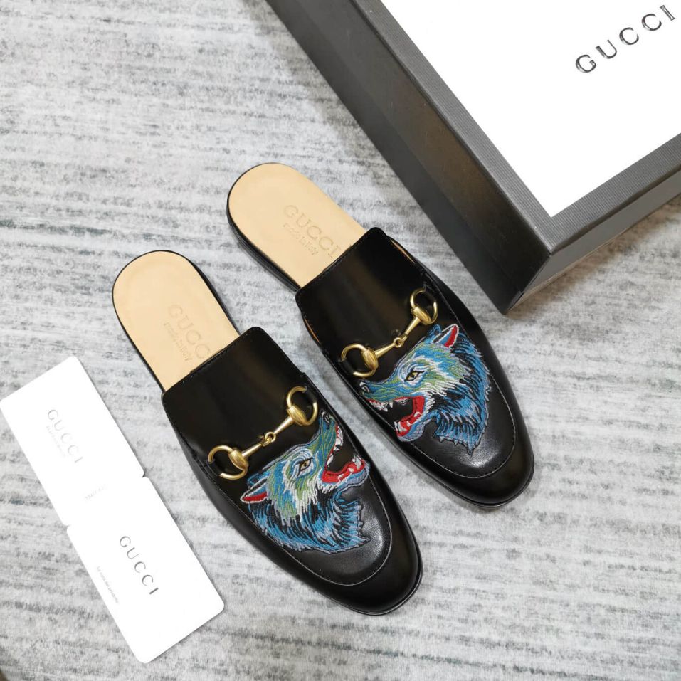 GG Leather Embroidery Bee Men Slippers