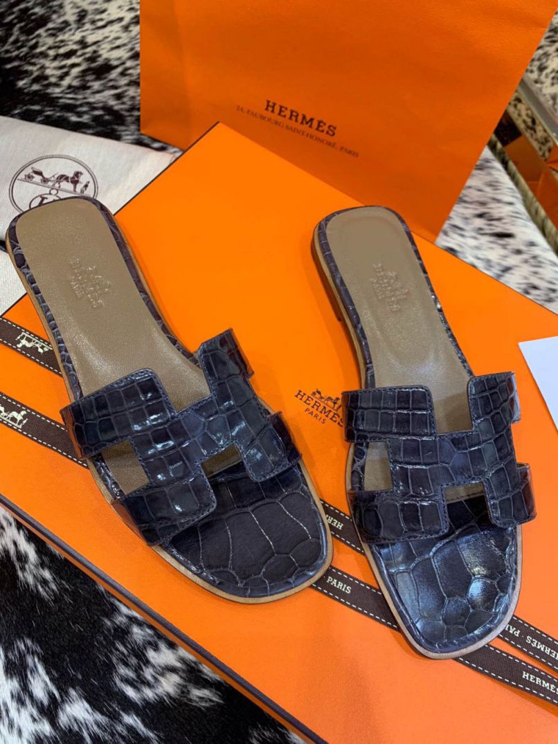 Hermes Crocodile H Slide Women Shoes