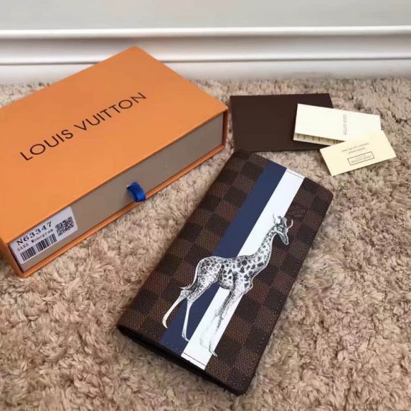 LV N63347 BRAZZA Bi-Fold Damier Ebene Canvas Giraffe Print Wallets