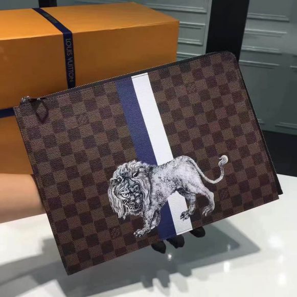 LV N63345 Pochette Jour Large Damier Ebene Print Lion Print Clutch Bags