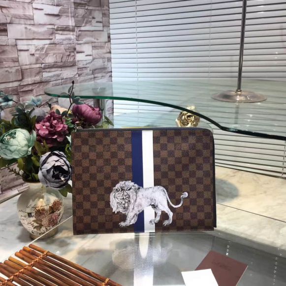 LV N63345 Pochette Jour Large Damier Ebene Lion Print Clutch Bags