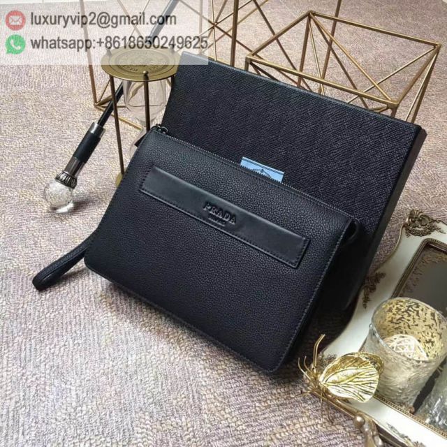 PRADA Black Leather 001E Men Clutch Bags