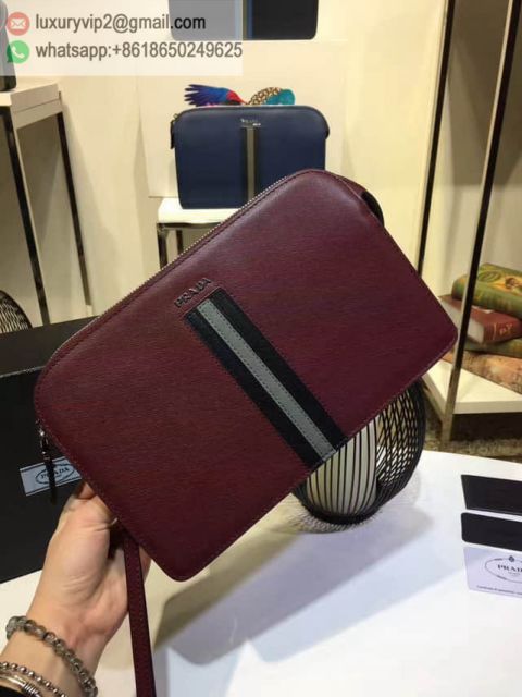 PRADA 056R Burgundy Leather Mixed Men Clutch Bags