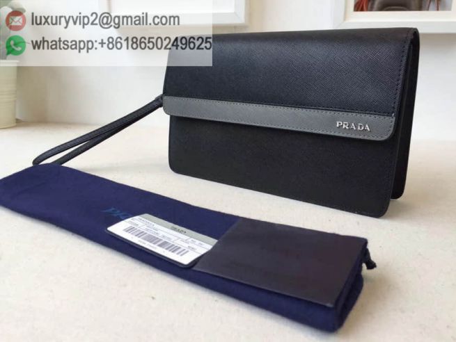 PRADA Leather Flap 2VF097 Black Grey Men Clutch Bags