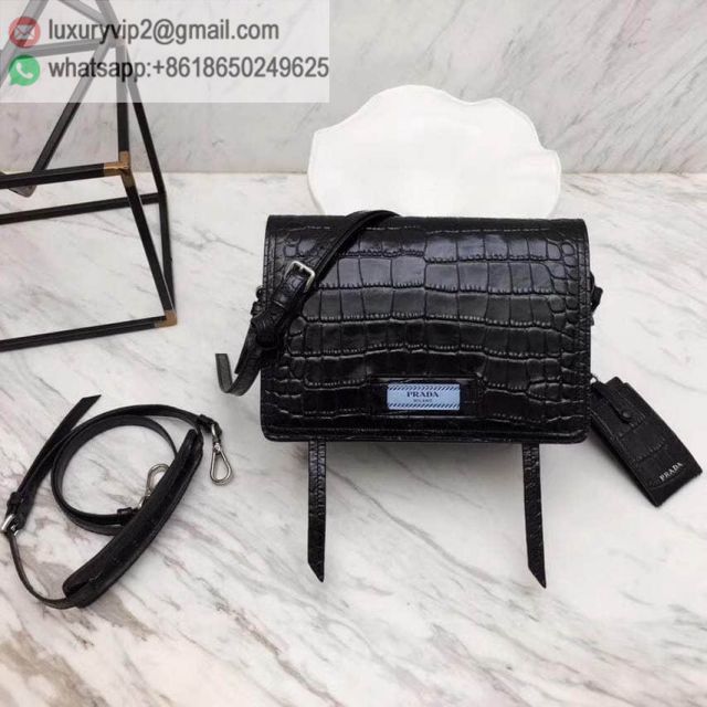 PRADA Crocodile Pattern Crossbody 1BD082 Black Women Shoulder Bags