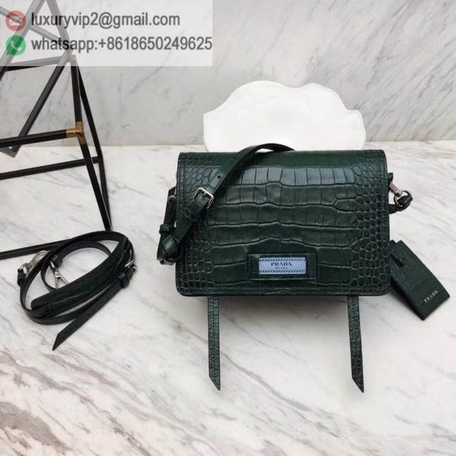 PRADA Crocodile Pattern Crossbody 1BD082 Green Women Shoulder Bags