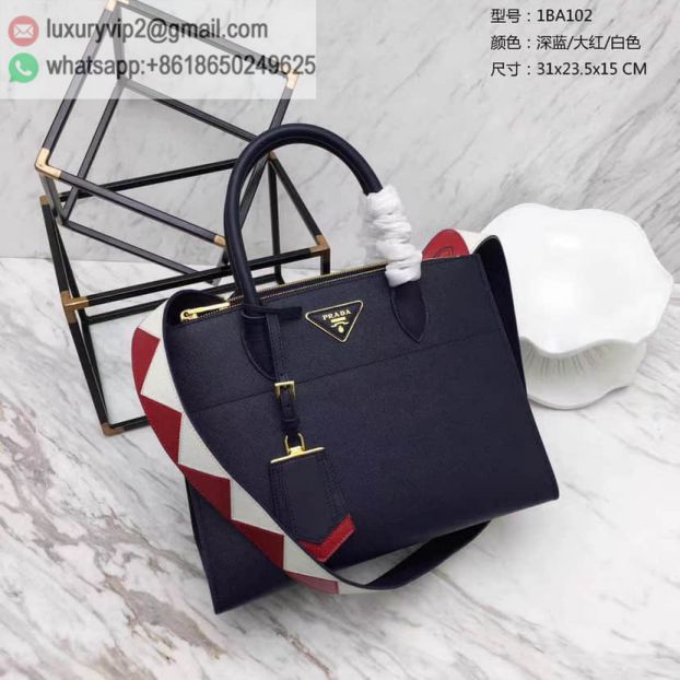 PRADA Navy Leather 1BA102 Women Tote Bags