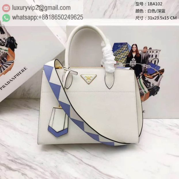 PRADA White Blue Leather 1BA102 Women Tote Bags