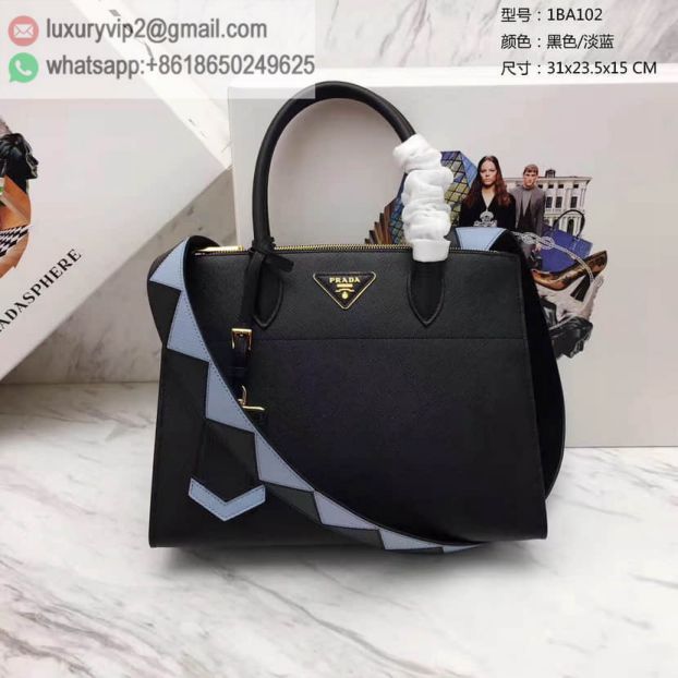 PRADA Black Blue Leather 1BA102 Women Tote Bags