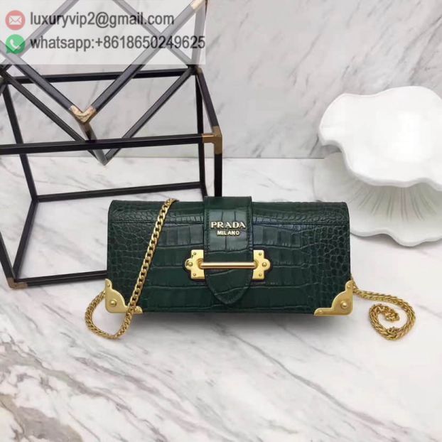 PRADA Green Crocodile Pattern Leather Chain 1BF048 Women Shoulder Bags