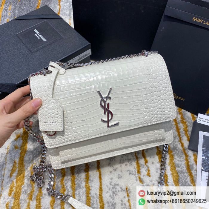 YSL Crocodile pattern sunset 22 442906 White Silver Buckle Shoulder Bags