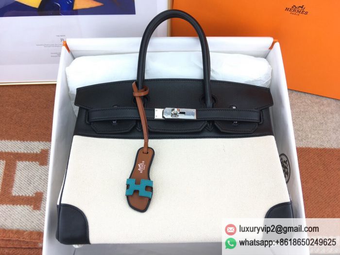 Hermes birkin 30 swift Black Canvas Silver Buckle Tote Bags