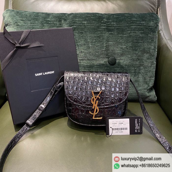 Saint Laurent YSL KAIA Small Crocodile pattern saddle 619740 Black Shoulder Bags