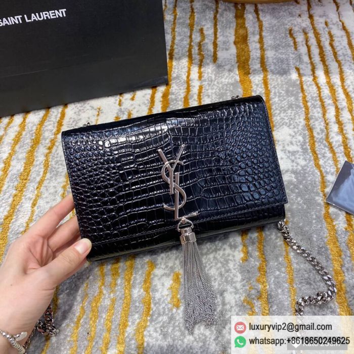 Saint Laurent YSL KATE 20 Crocodile pattern Chain 474366 Black Silver Buckle Shoulder Bags